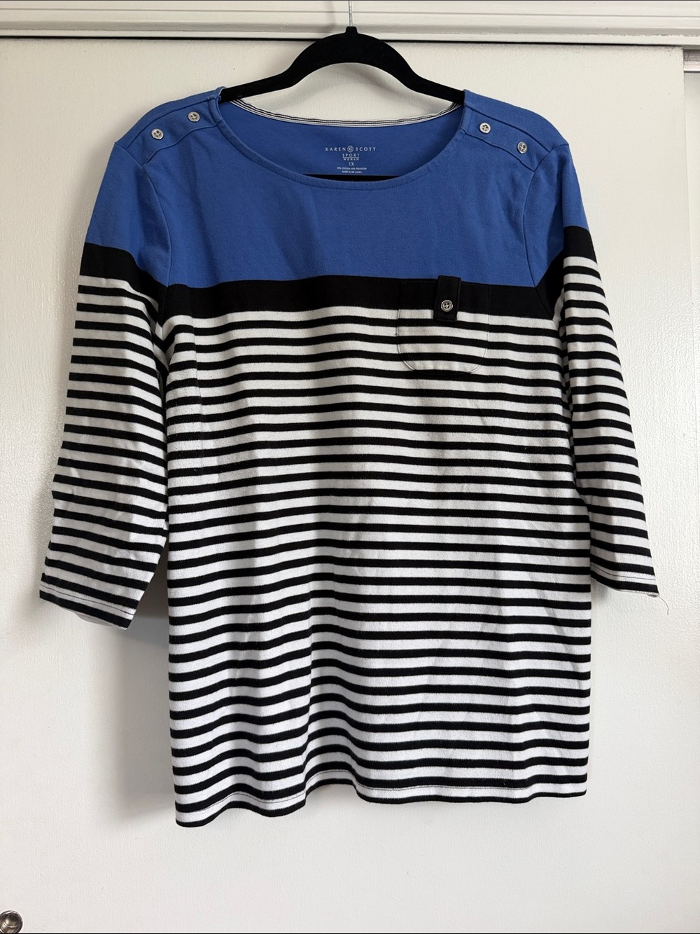 Karen Scott Blue Crewneck Pullover with Black Trim